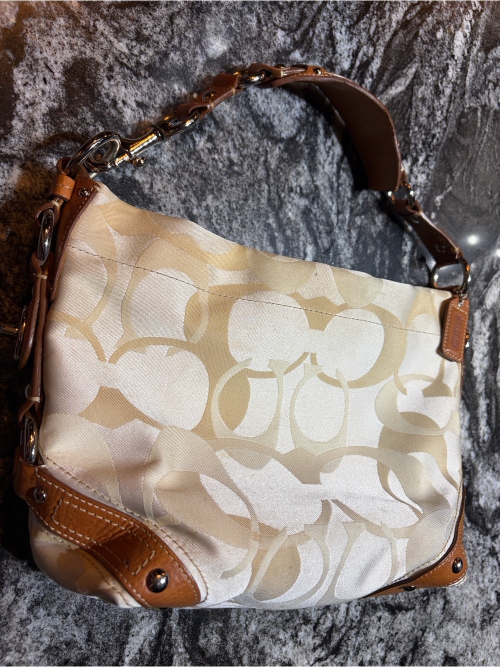 Vintage Coach Carly Cream and Tan Signature Jacquard Hobo Bag